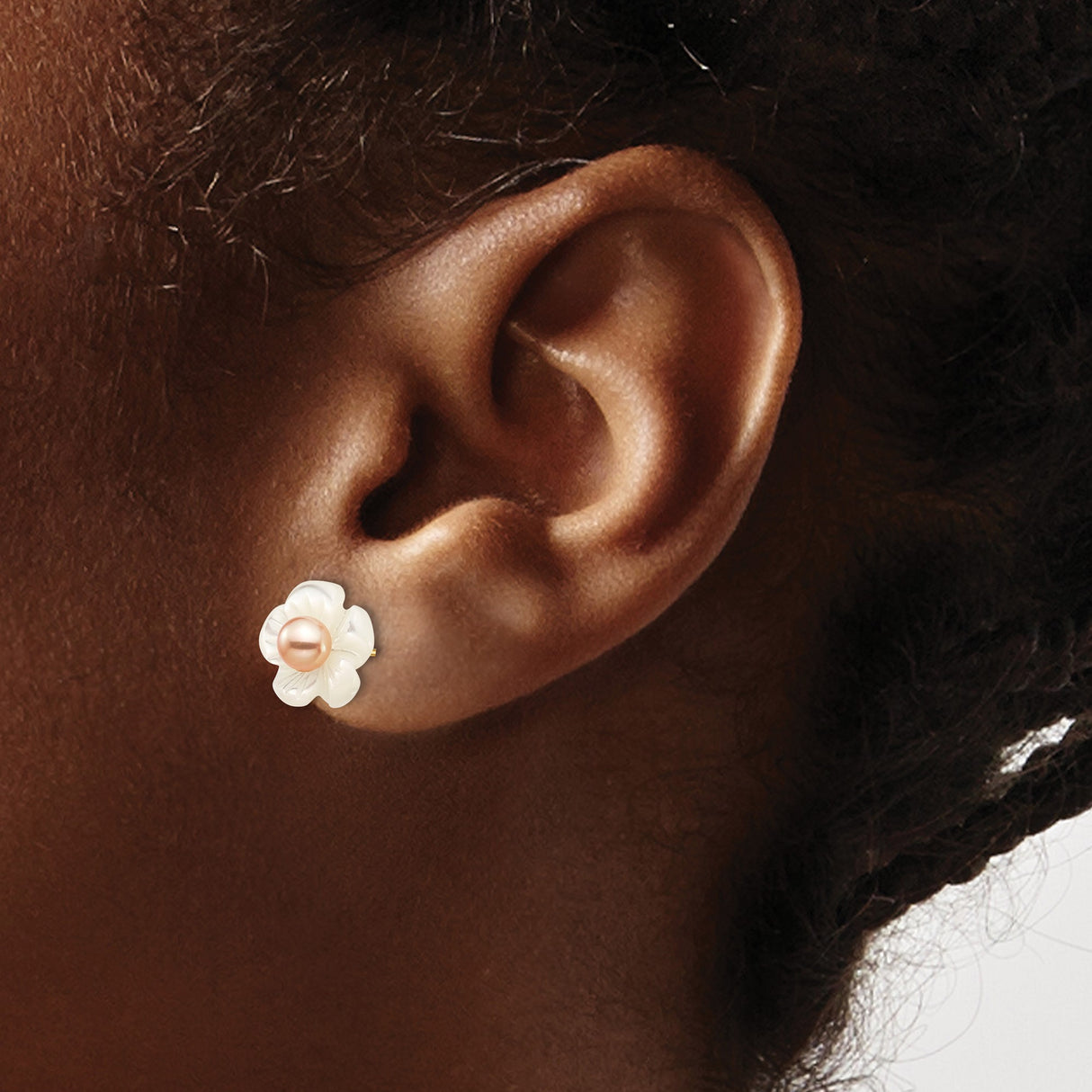 10k Yellow Gold Stud Earrings with Pink Pearl and Carved Mother of Pearl Flowers