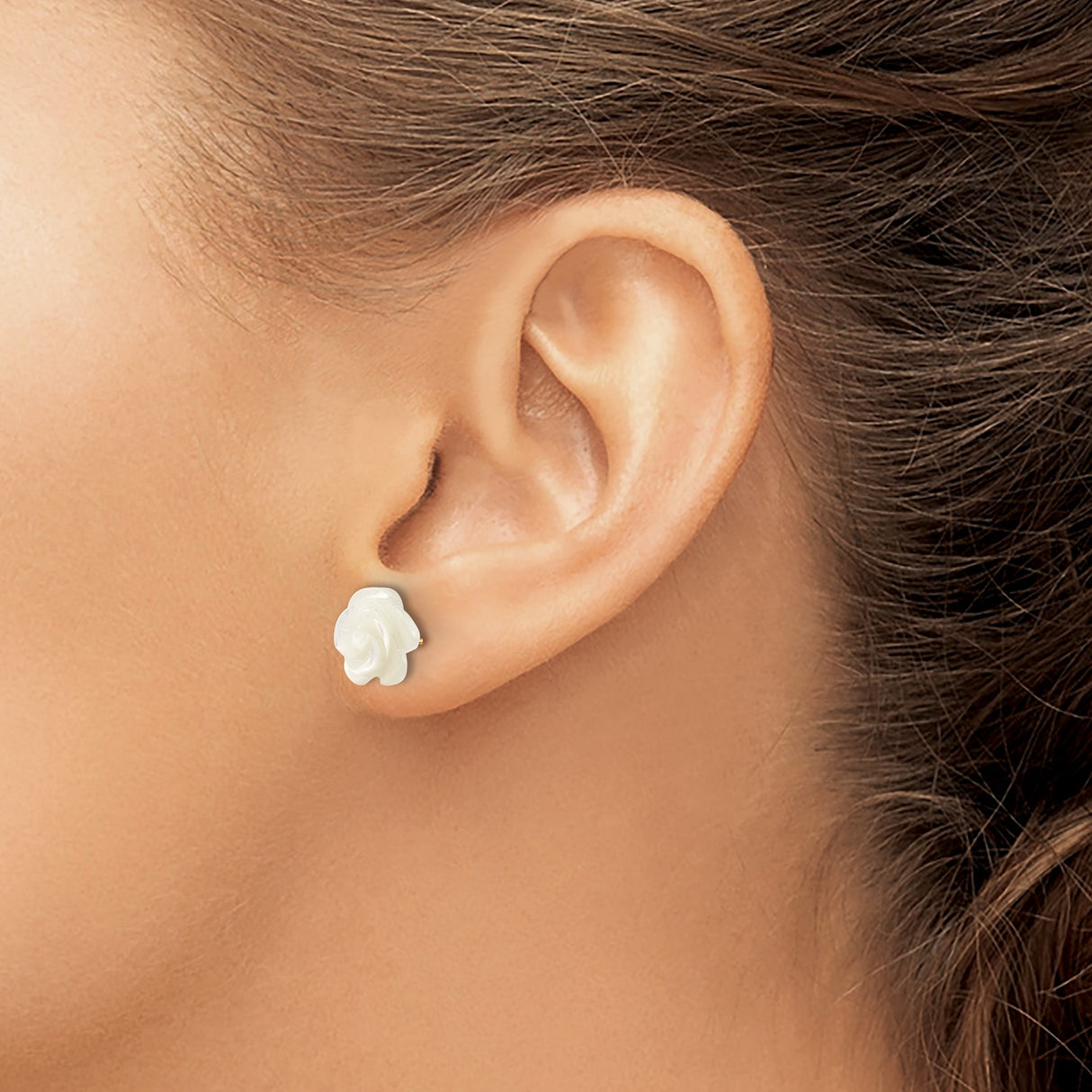 10k Yellow Gold Stud Earrings with Carved Mother of Pearl Rose Design, Floral Style for Women