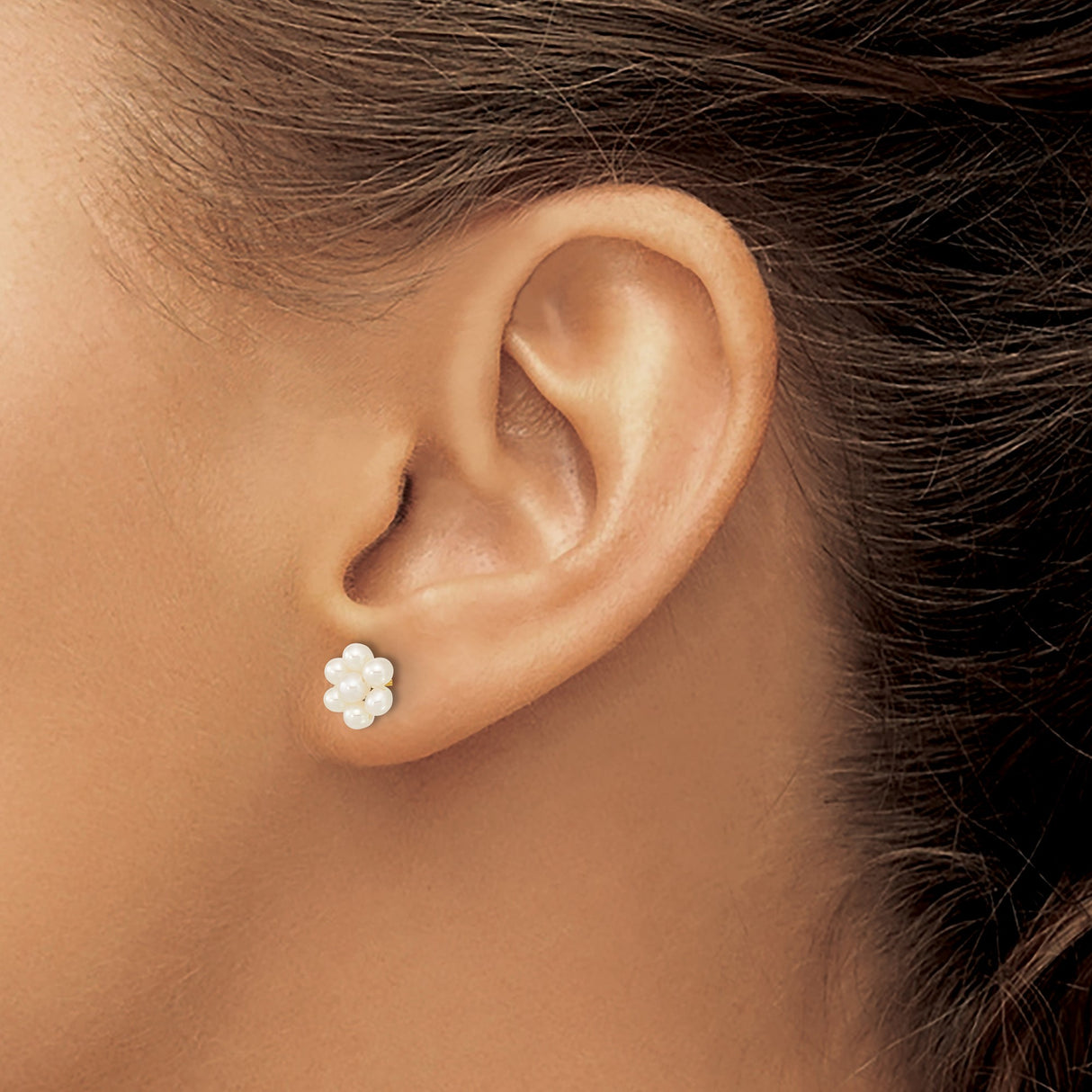 10k Yellow Gold Pearl Stud Earrings, Floral Cluster Design for Women