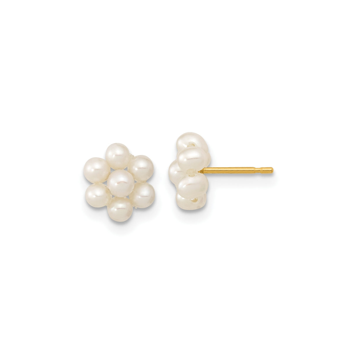 10k Yellow Gold Pearl Stud Earrings, Floral Cluster Design for Women