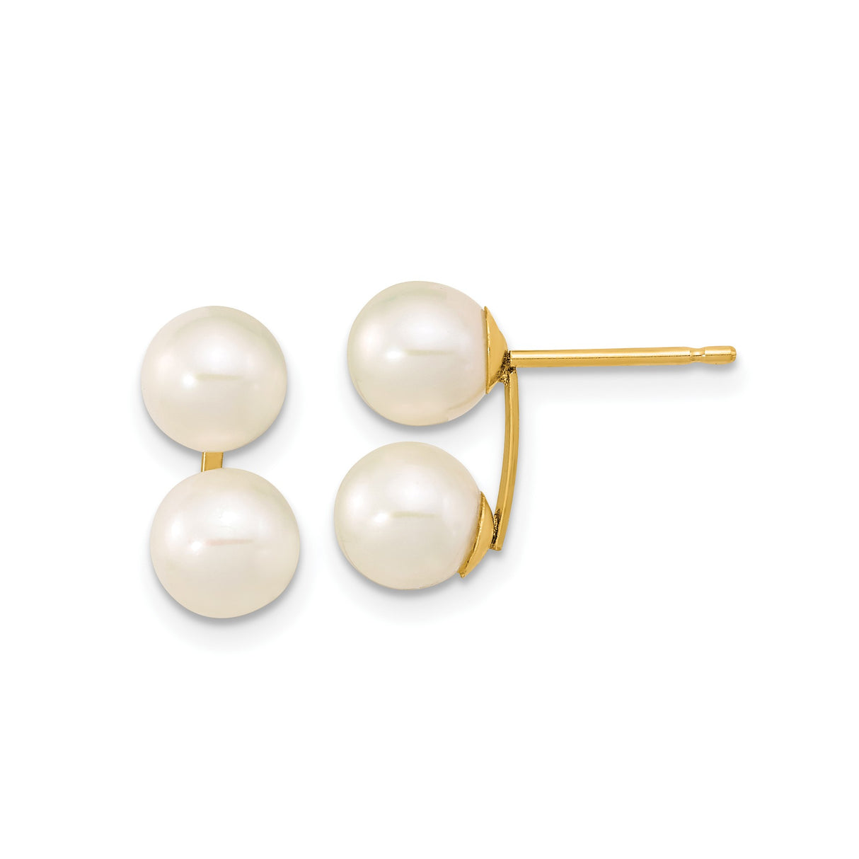 10k Yellow Gold Double Front Back Earrings with Cultured White Pearls, Minimalist Bridal Style