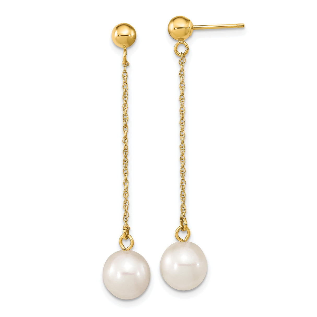 10k Yellow Gold Drop Earrings with White Freshwater Pearls, Delicate Chain Dangles