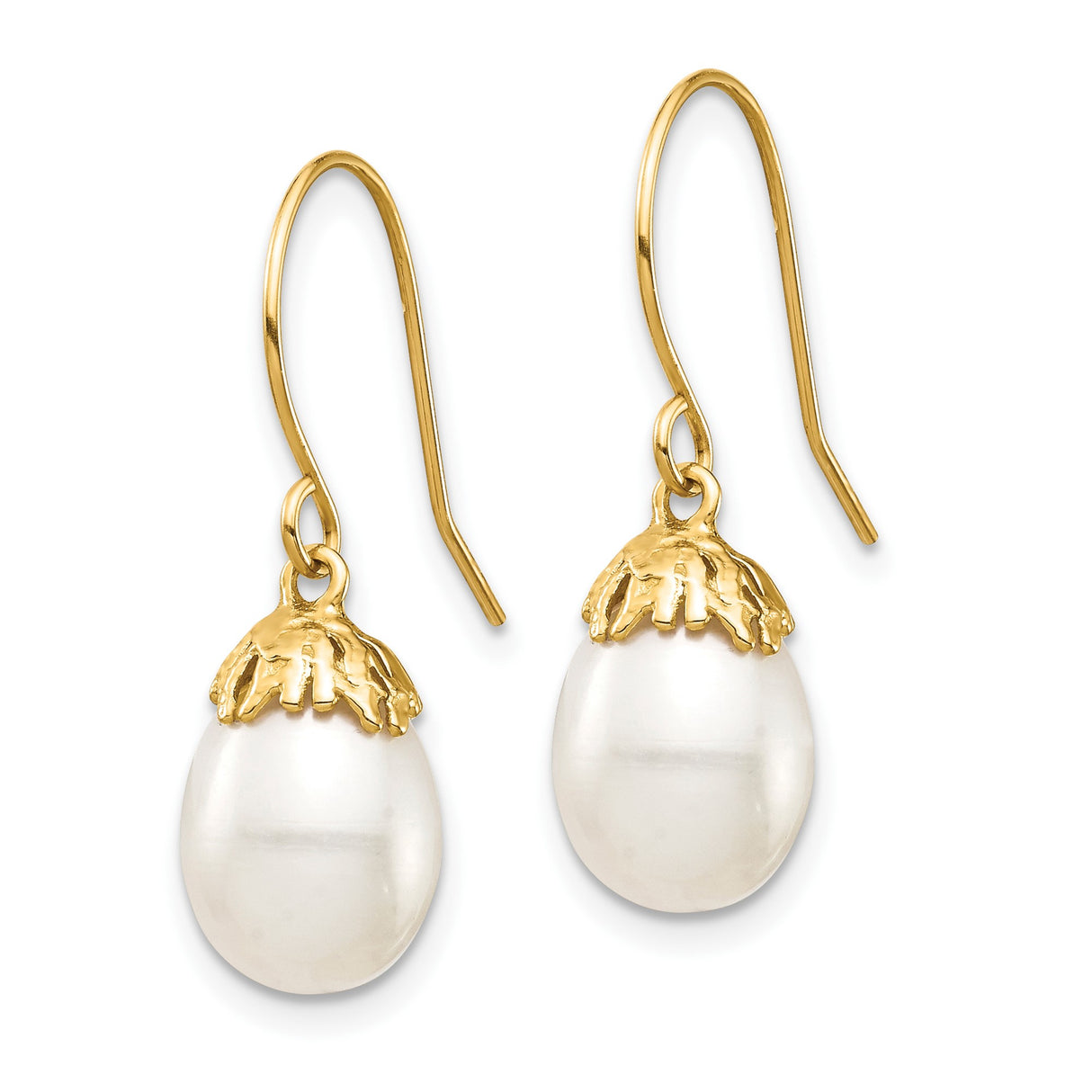 10k Yellow Gold Dangle Earrings with White Freshwater Cultured Pearls and Decorative Cap Design