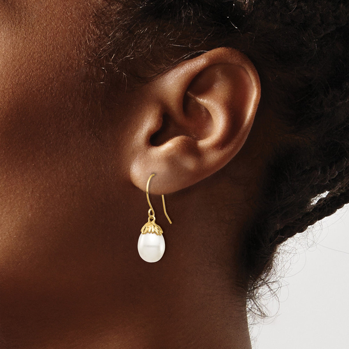 10k Yellow Gold Dangle Earrings with White Freshwater Cultured Pearls and Decorative Cap Design