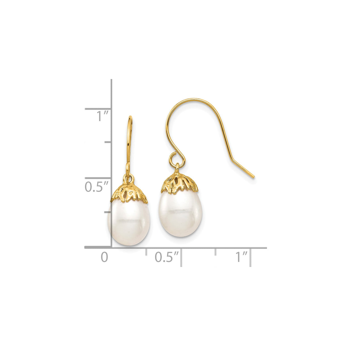 10k Yellow Gold Dangle Earrings with White Freshwater Cultured Pearls and Decorative Cap Design