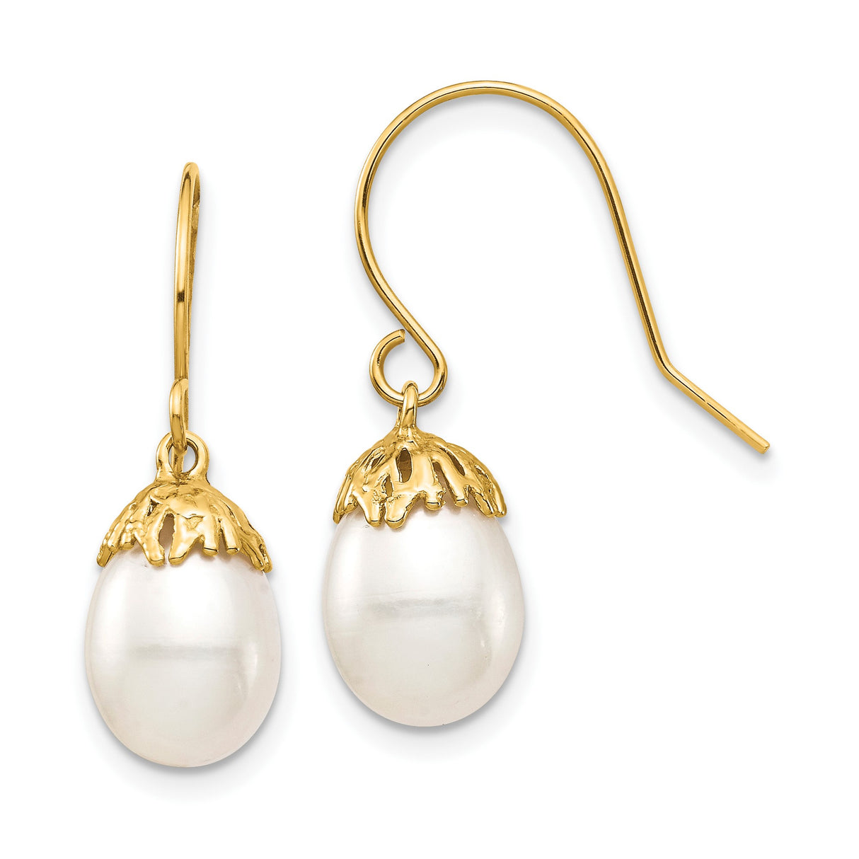 10k Yellow Gold Dangle Earrings with White Freshwater Cultured Pearls and Decorative Cap Design