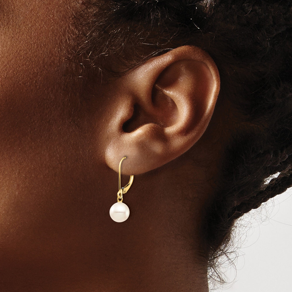 10k Yellow Gold Dangle Leverback Earrings with White Freshwater Cultured Pearls, Classic Drop Design