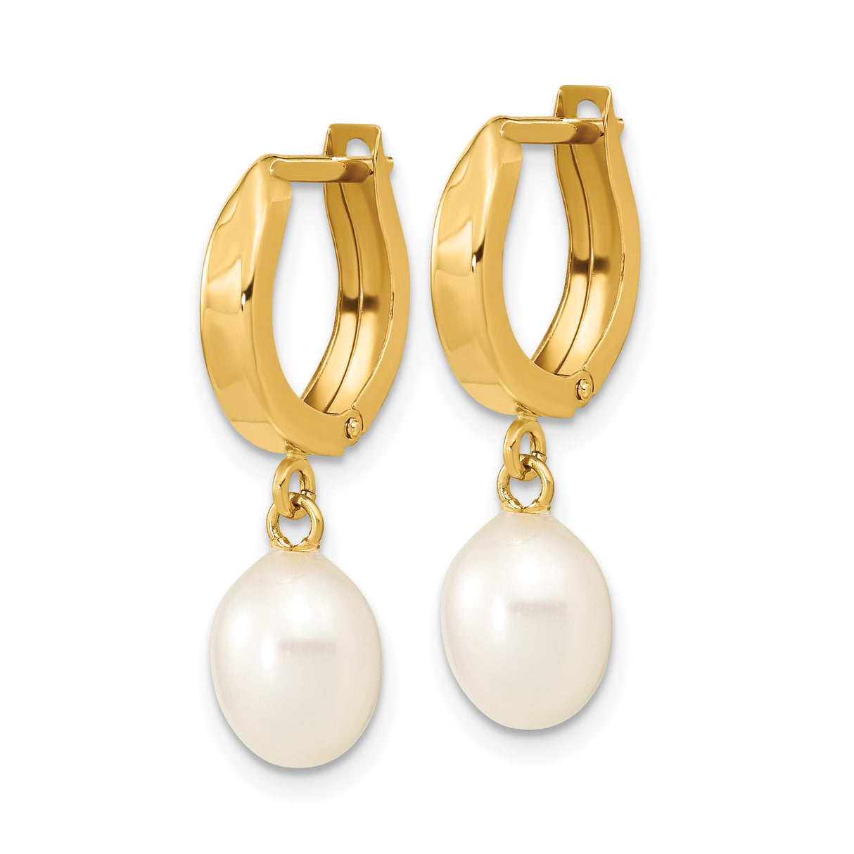10k Yellow Gold Hoop Drop Earrings with White Freshwater Pearls, Classic Dangle Style for Women