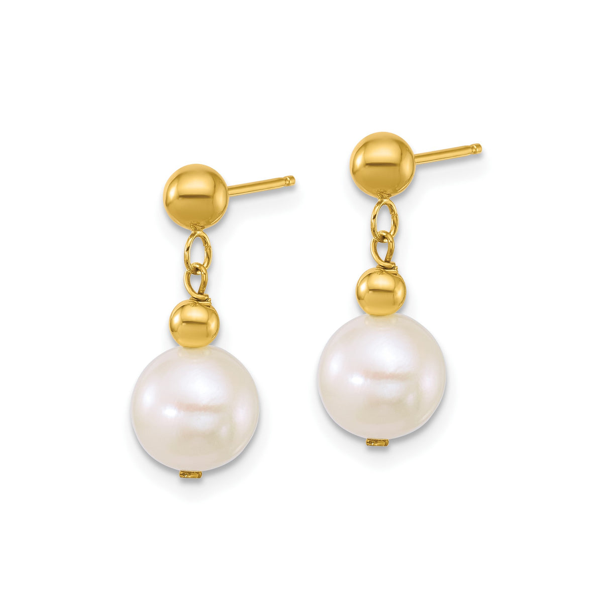 10k Yellow Gold Dangle Earrings with White Freshwater Cultured Pearls, Classic Drop Design
