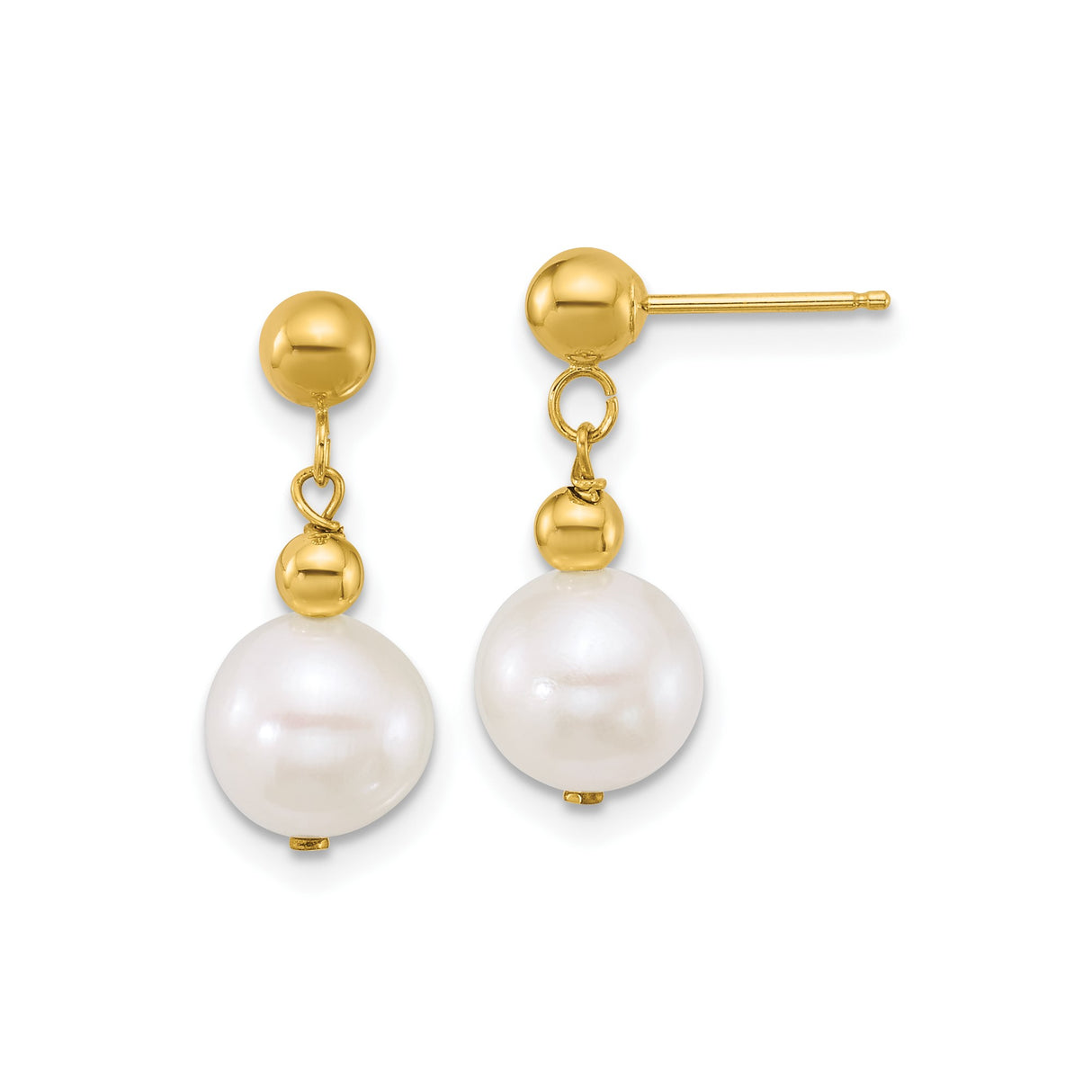 10k Yellow Gold Dangle Earrings with White Freshwater Cultured Pearls, Classic Drop Design