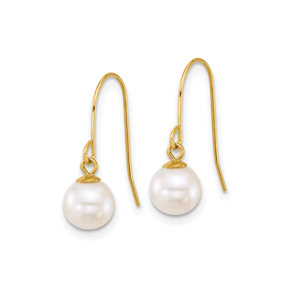 10k Yellow Gold Dangle Earrings with Round White Freshwater Cultured Pearls, Classic Drop Design