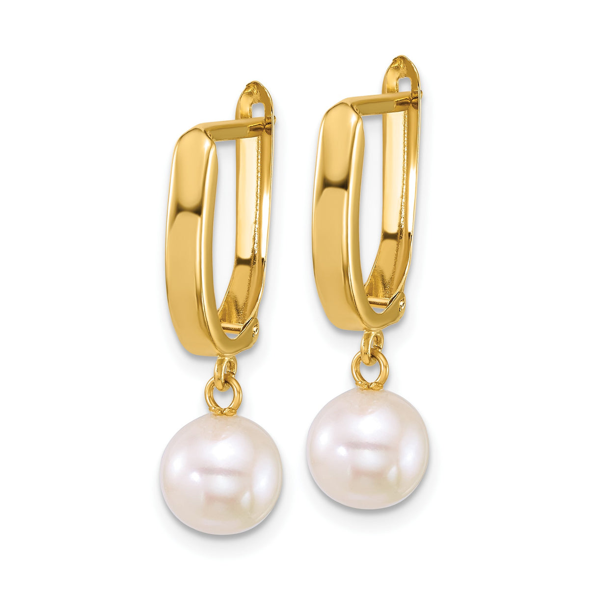 10k Yellow Gold Leverback Earrings with White Cultured Pearls, Classic Drop Design