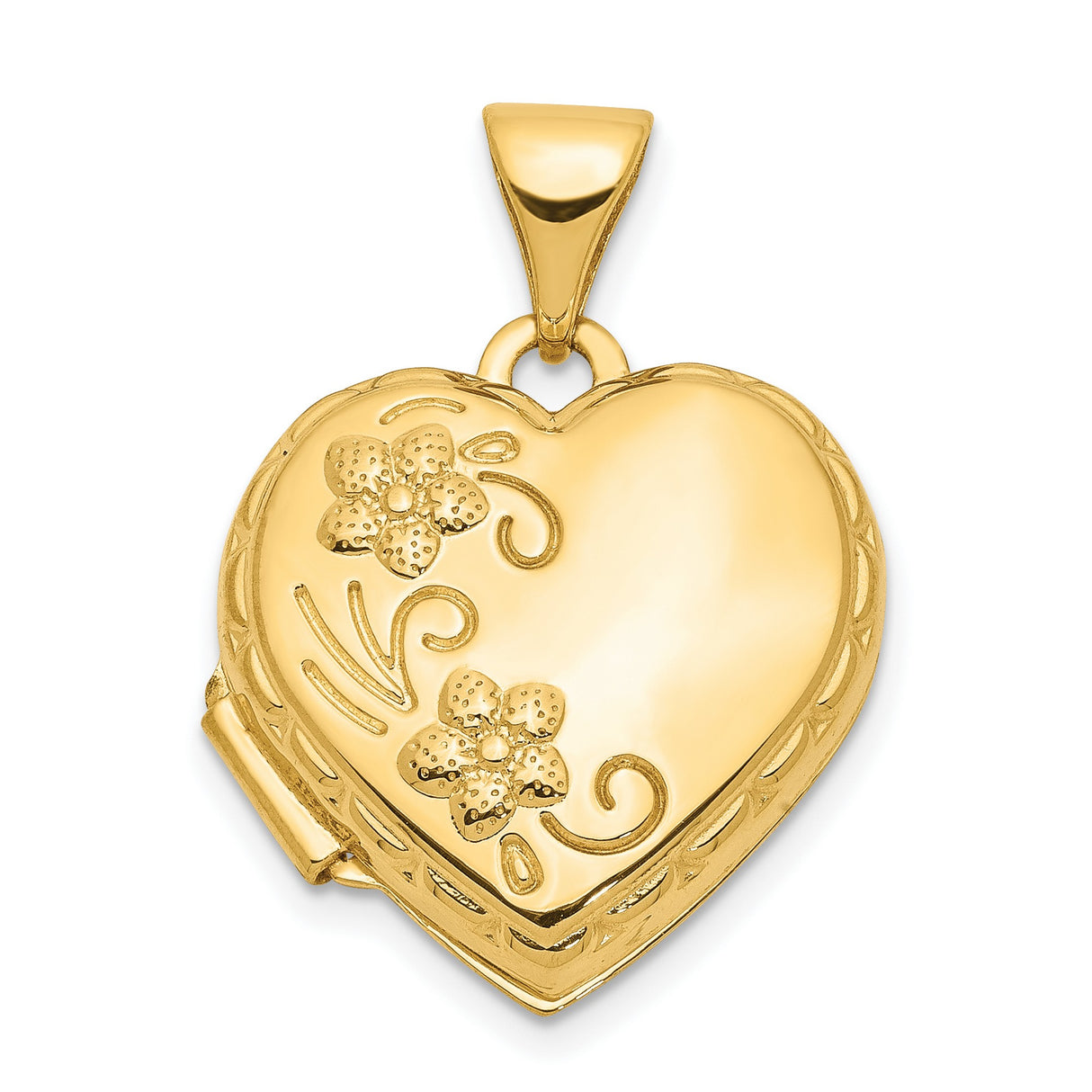 10k Yellow Gold Heart Locket Pendant with Floral Detail, Hinged Keepsake Jewelry for Women