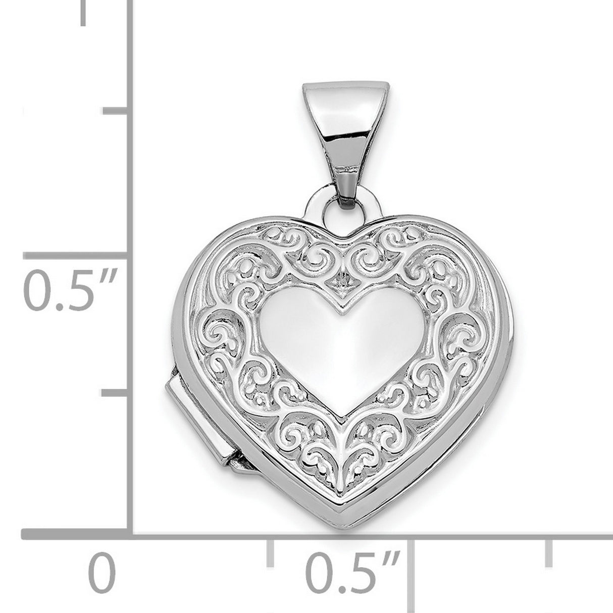 10k White Gold Heart Locket Pendant with Filigree Scrollwork and Smooth Center Heart