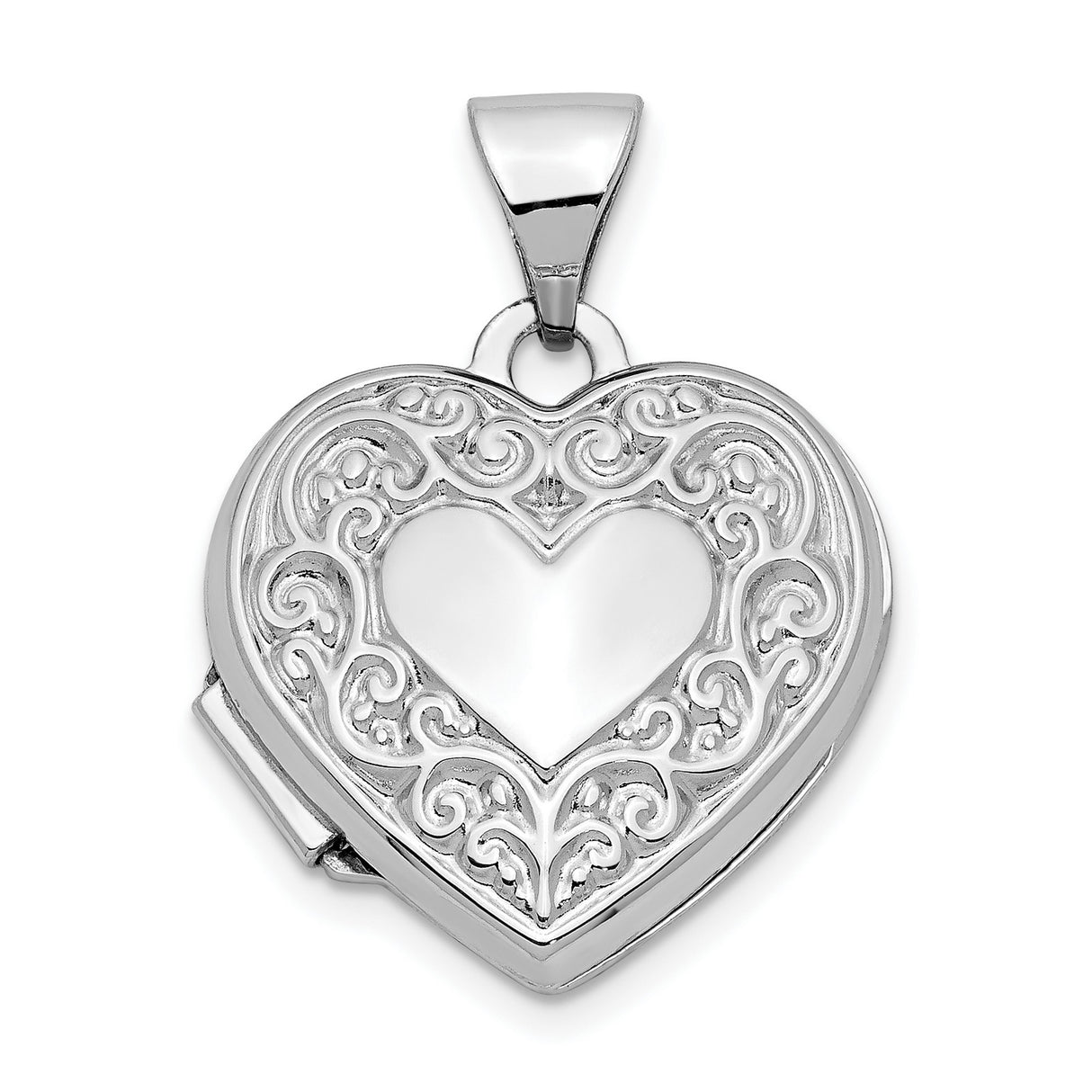 10k White Gold Heart Locket Pendant with Filigree Scrollwork and Smooth Center Heart