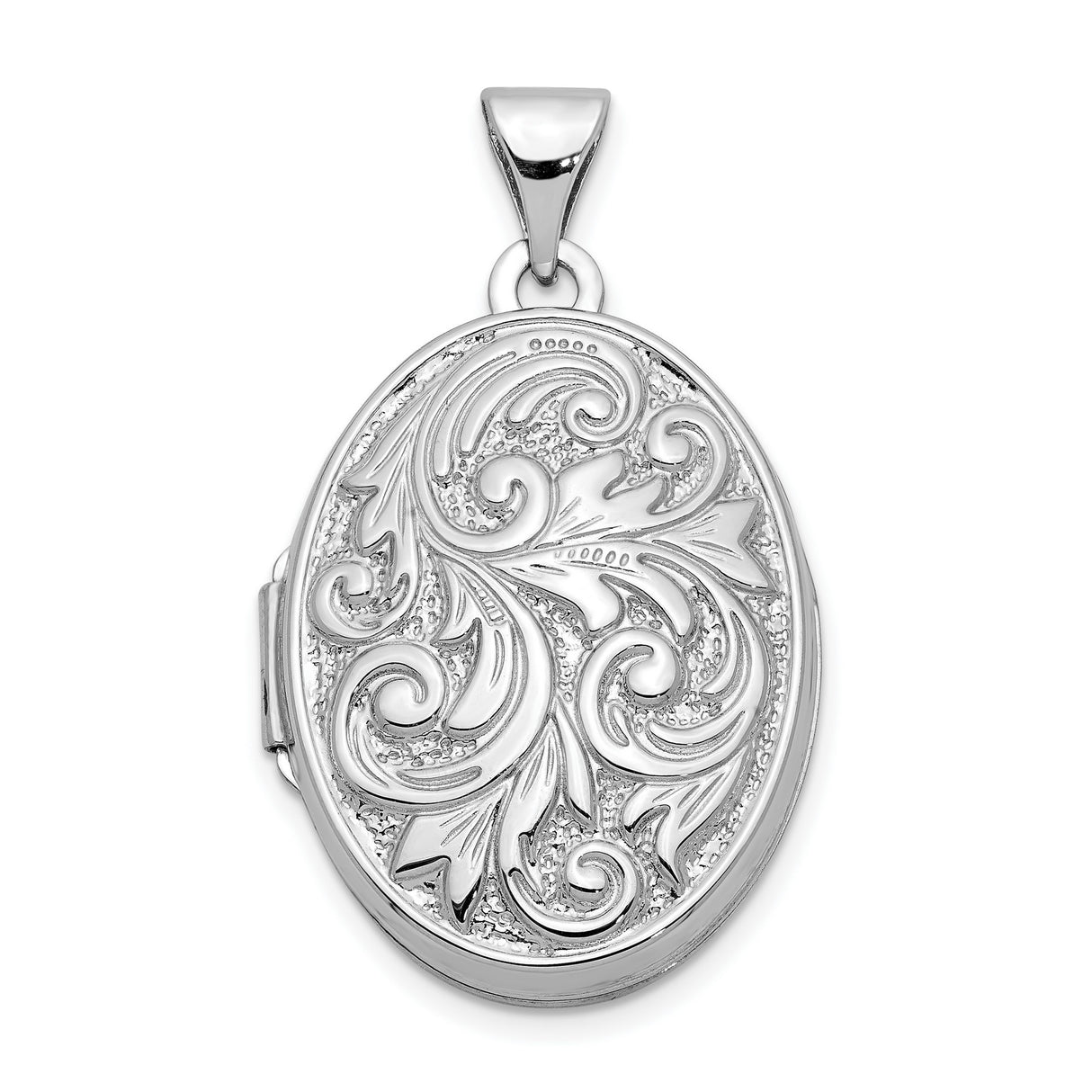 10k White Gold Oval Locket Pendant with Floral Scroll Engraving, Vintage Style for Women