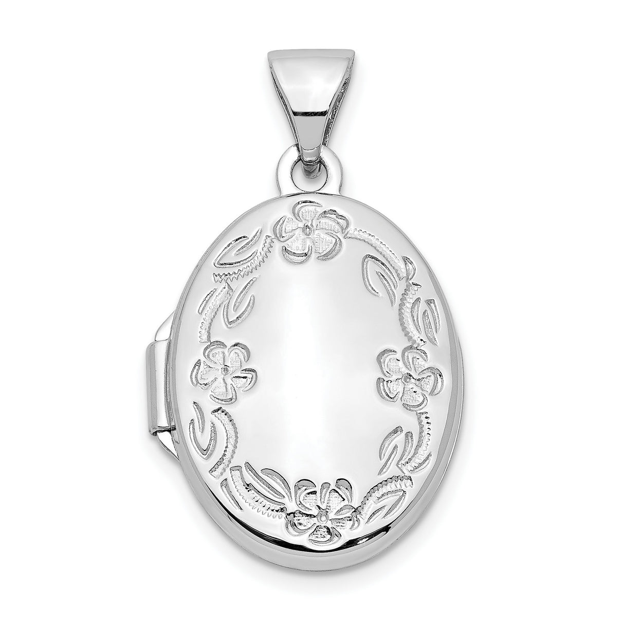 10k White Gold Oval Locket Pendant with Floral Design for Women
