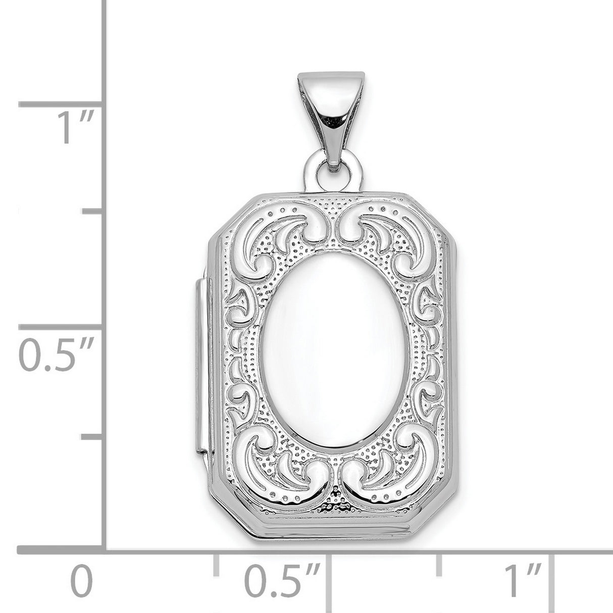 10k White Gold Rectangular Locket Pendant with Scrollwork and Oval Center Design