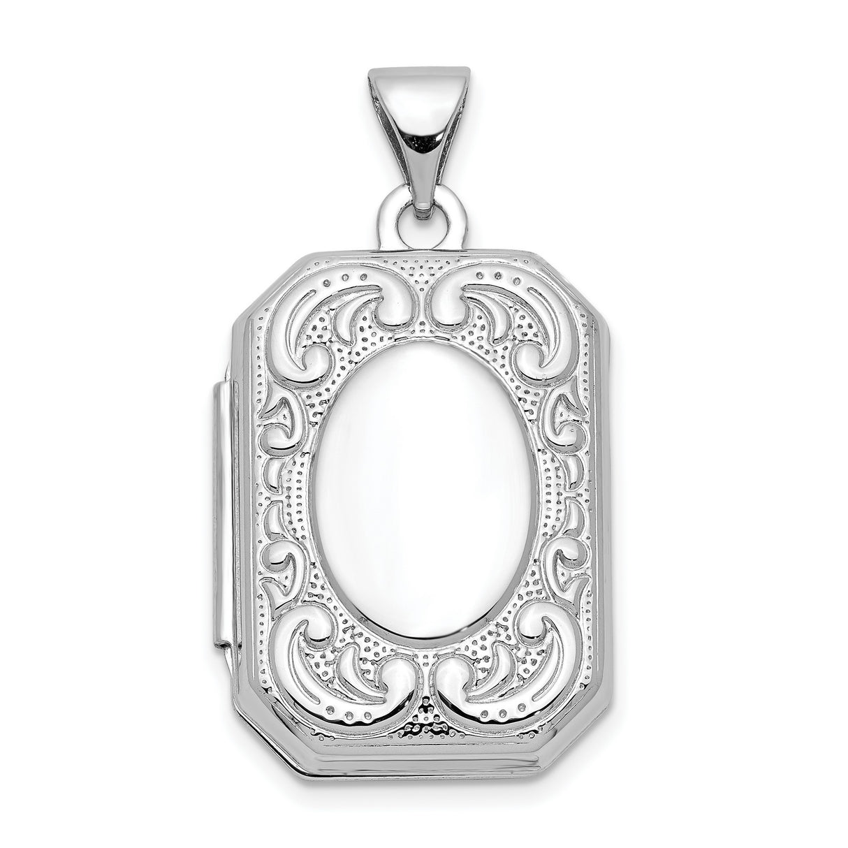 10k White Gold Rectangular Locket Pendant with Scrollwork and Oval Center Design