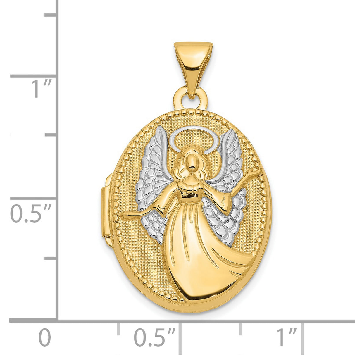 10k Multi-Tone Gold Oval Angel Locket Pendant with Rhodium Accents, Guardian Halo Design
