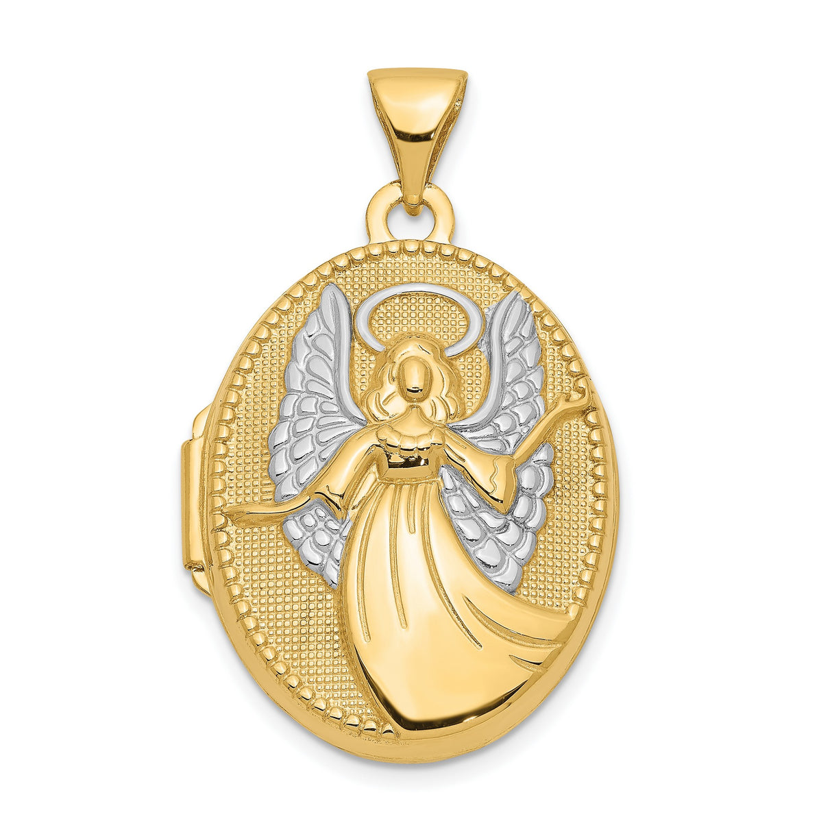 10k Multi-Tone Gold Oval Angel Locket Pendant with Rhodium Accents, Guardian Halo Design
