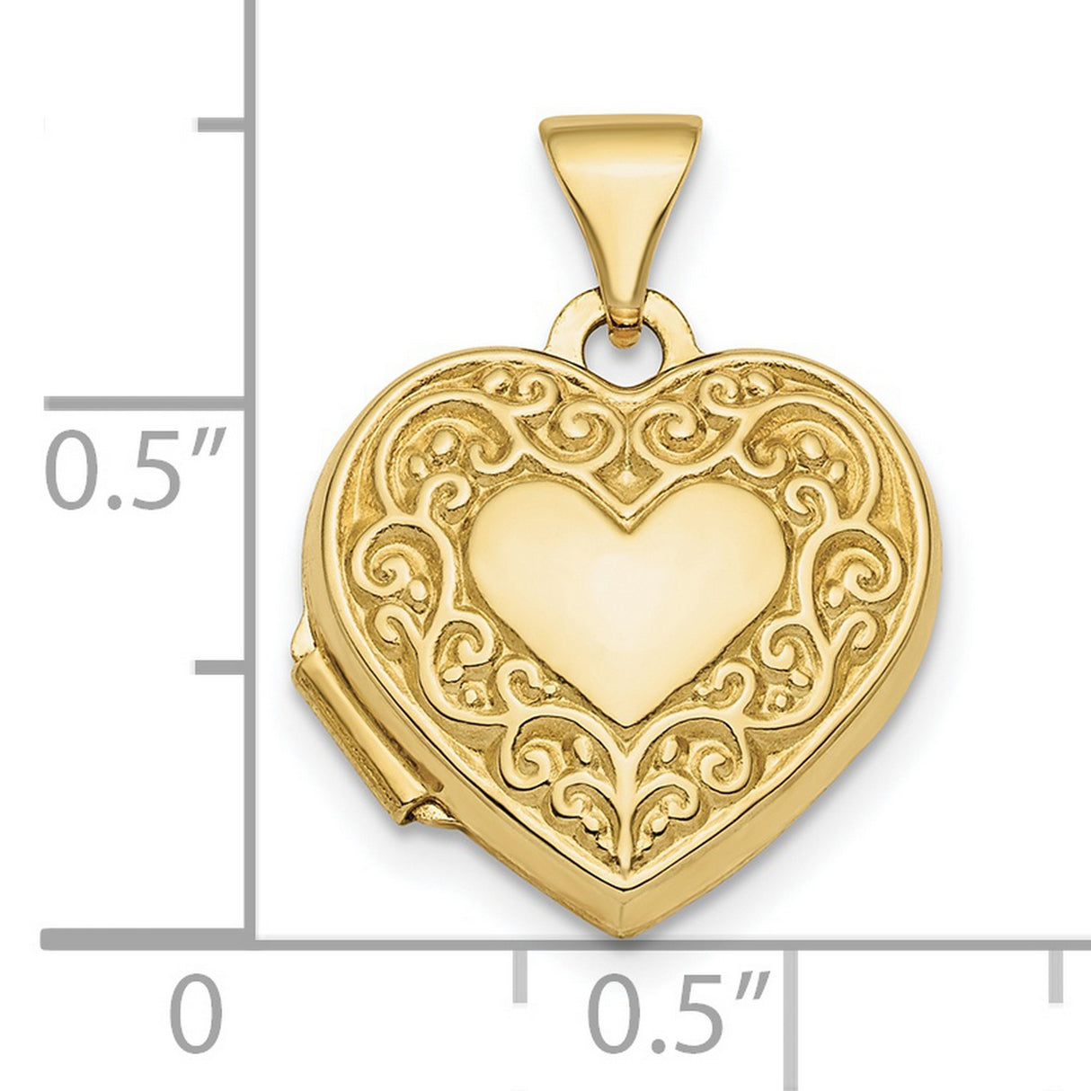 10k Yellow Gold Heart Locket Pendant with Filigree Scroll Design and Polished Center