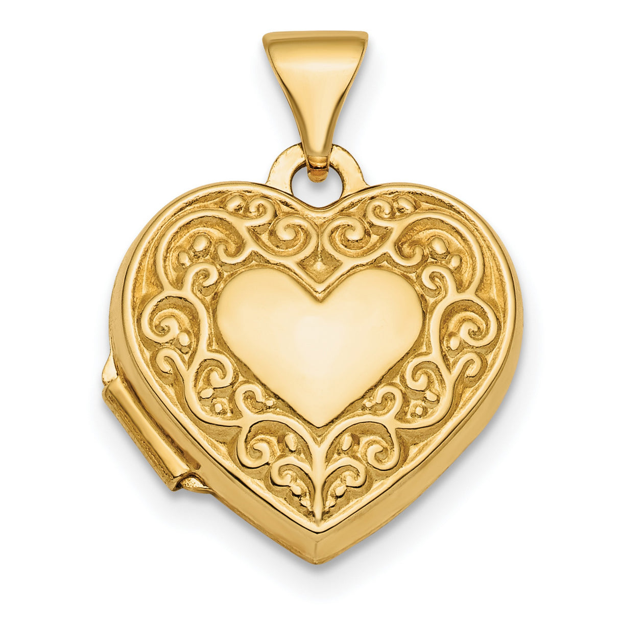 10k Yellow Gold Heart Locket Pendant with Filigree Scroll Design and Polished Center