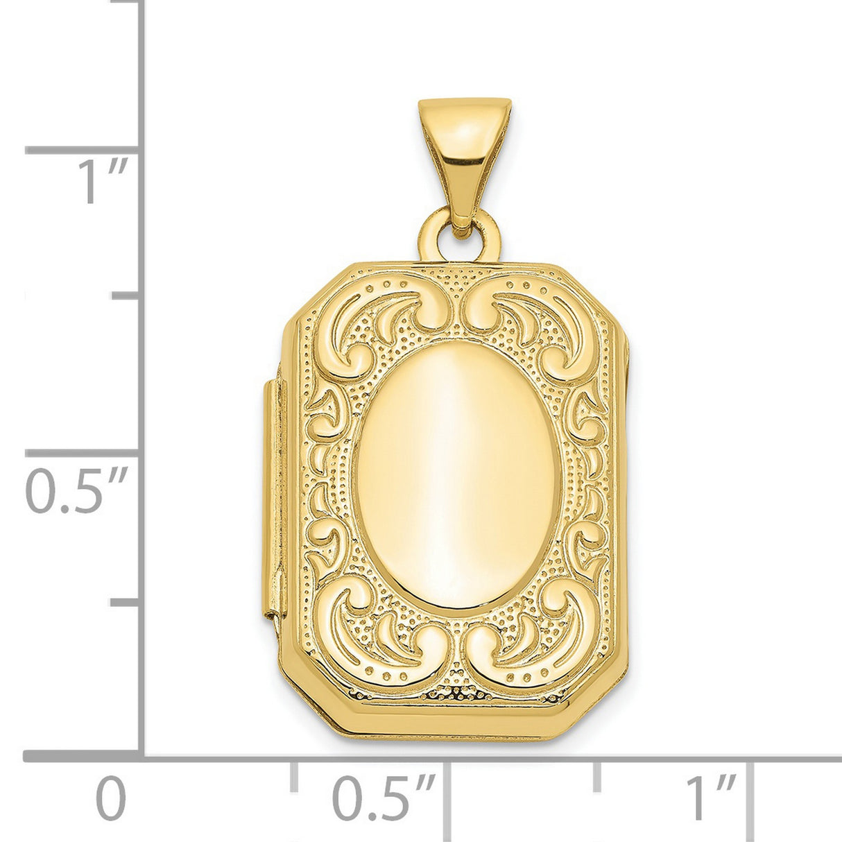 10k Yellow Gold Rectangle Locket Pendant with Scroll Detail and Polished Oval Center