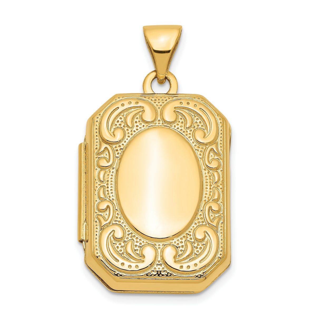 10k Yellow Gold Rectangle Locket Pendant with Scroll Detail and Polished Oval Center