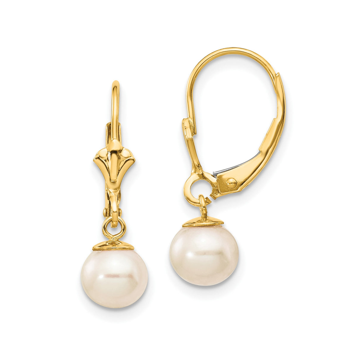 10k Yellow Gold Leverback Earrings with White Cultured Pearls, Dangle Drop Design