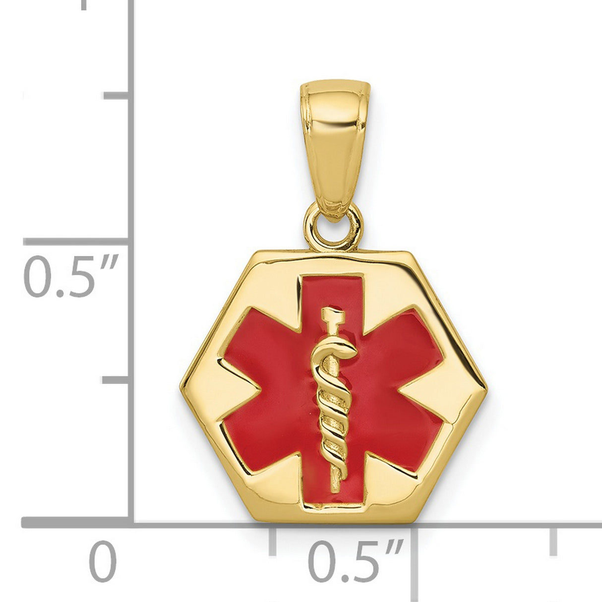 10k Yellow Gold Medical ID Pendant with Red Star of Life and Caduceus Symbol, Hexagon Shape