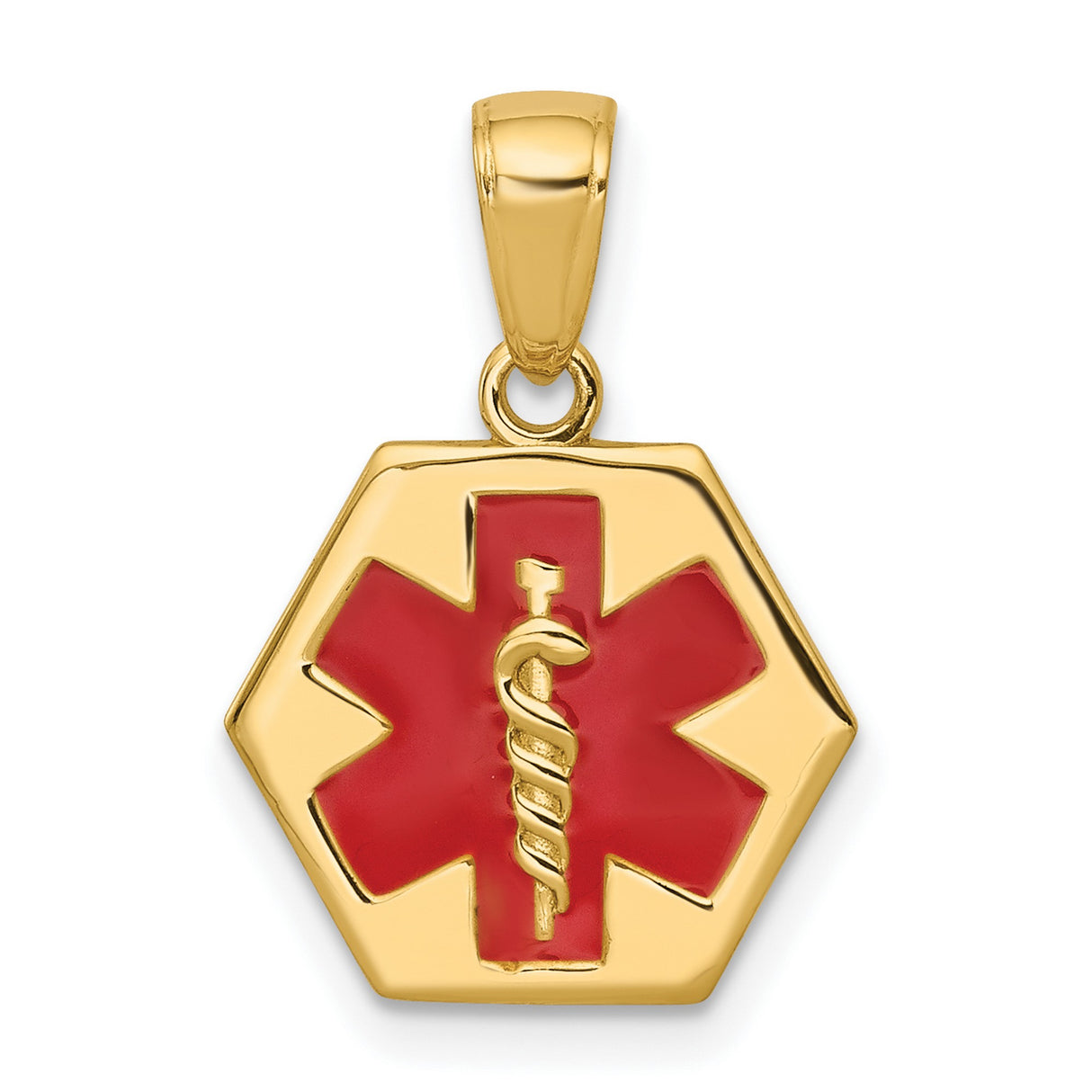 10k Yellow Gold Medical ID Pendant with Red Star of Life and Caduceus Symbol, Hexagon Shape