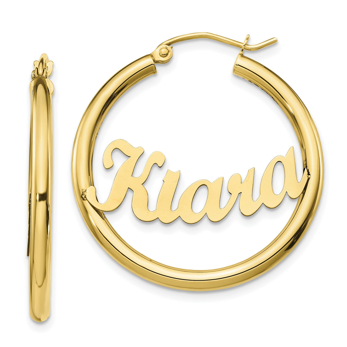 10k Yellow Gold Hoop Earrings with Custom Nameplate, Kiara Script Font