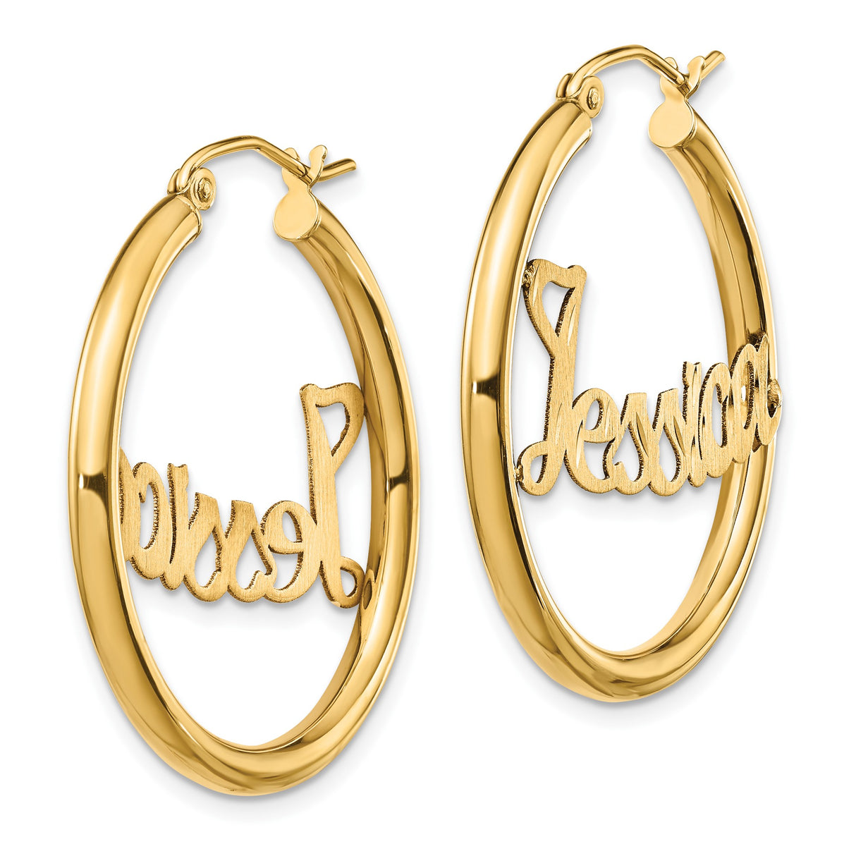 10k Yellow Gold Hoop Earrings with Custom Name Jessica, Personalized Script Font Jewelry