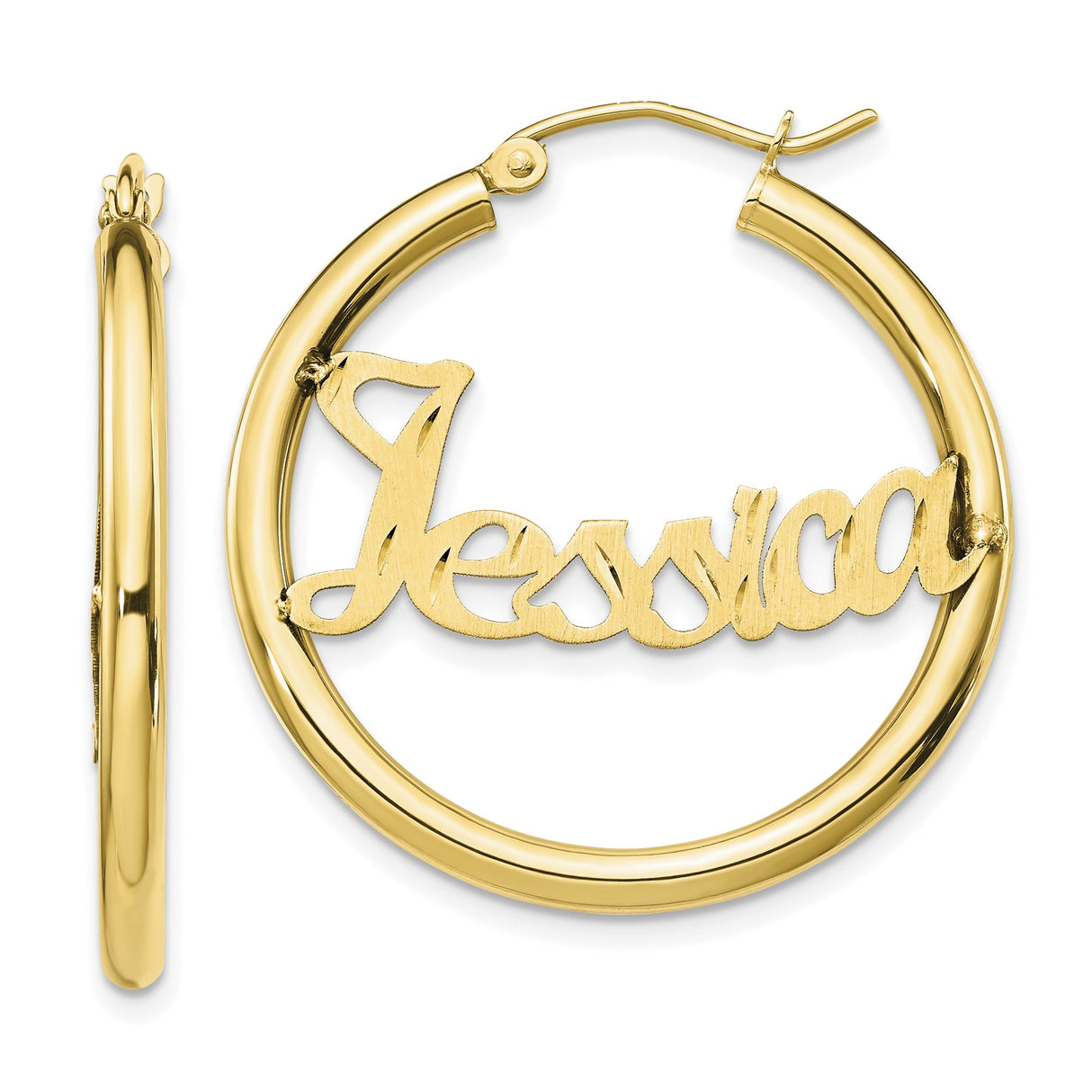 10k Yellow Gold Hoop Earrings with Custom Name Jessica, Personalized Script Font Jewelry