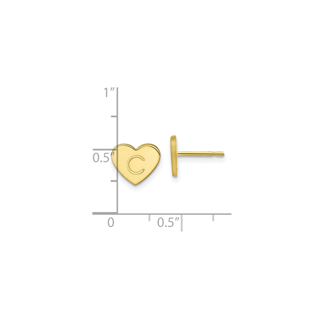 10k Yellow Gold Heart Shaped Initial C Stud Earring, Monogram Letter Jewelry for Women