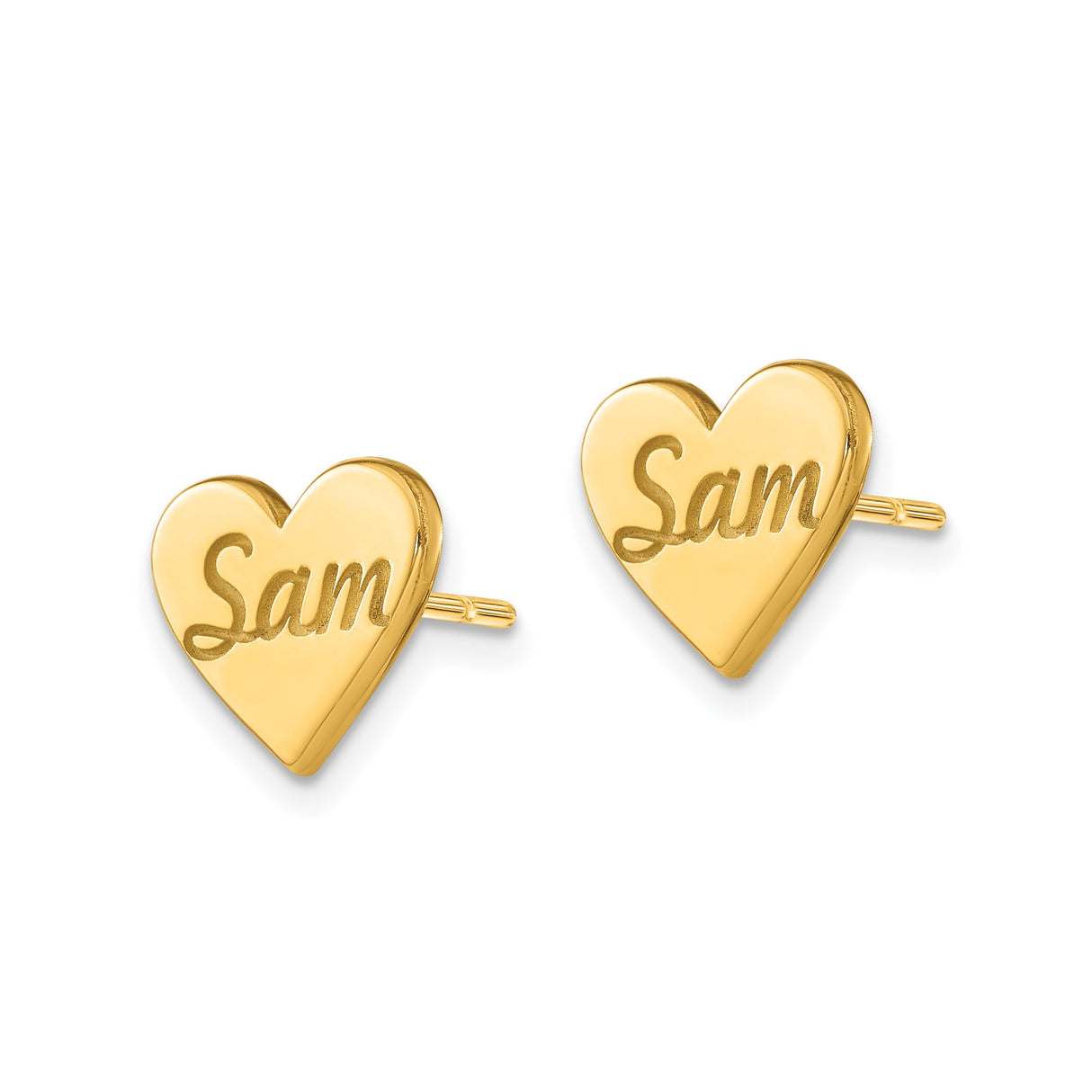 10k Yellow Gold Heart Stud Earrings with Custom Sam Name Design, Romantic Jewelry for Women and Teens