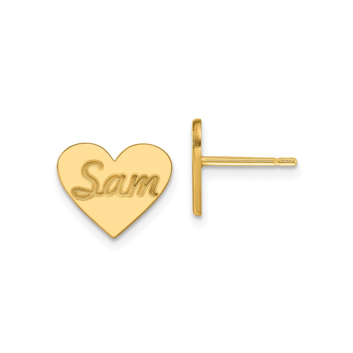 10k Yellow Gold Heart Stud Earrings with Custom Sam Name Design, Romantic Jewelry for Women and Teens