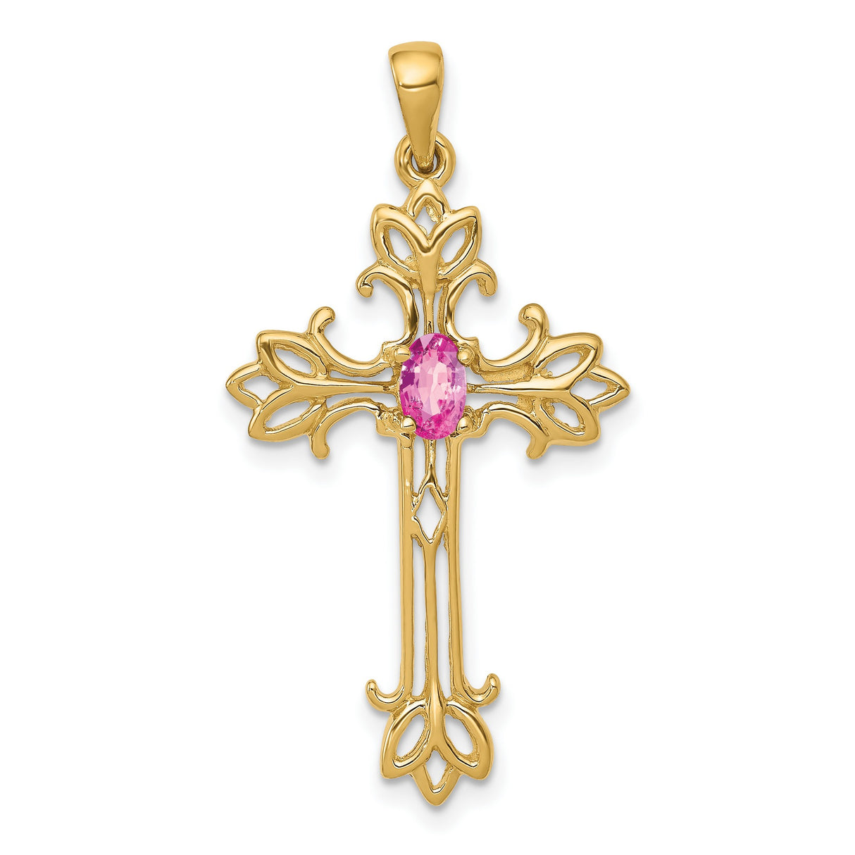 10k Yellow Gold Cross Pendant with Pink Sapphire, Filigree Fleur and Scrollwork Design