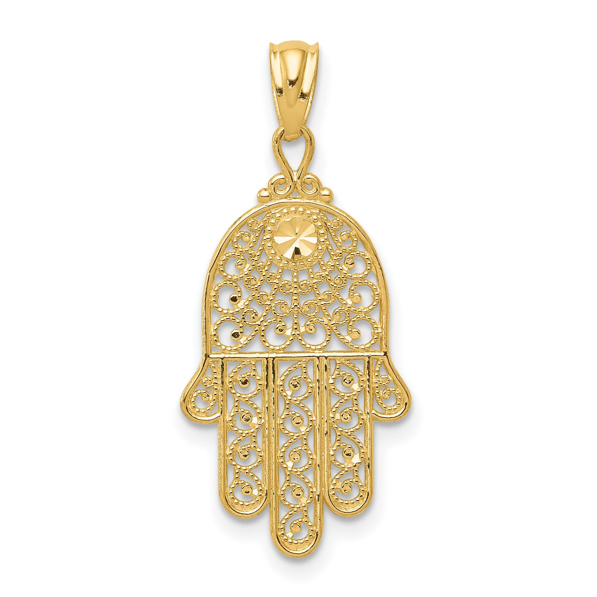 10k Yellow Gold Hamsa Hand Pendant with Starburst and Filigree Design, Spiritual Amulet Jewelry