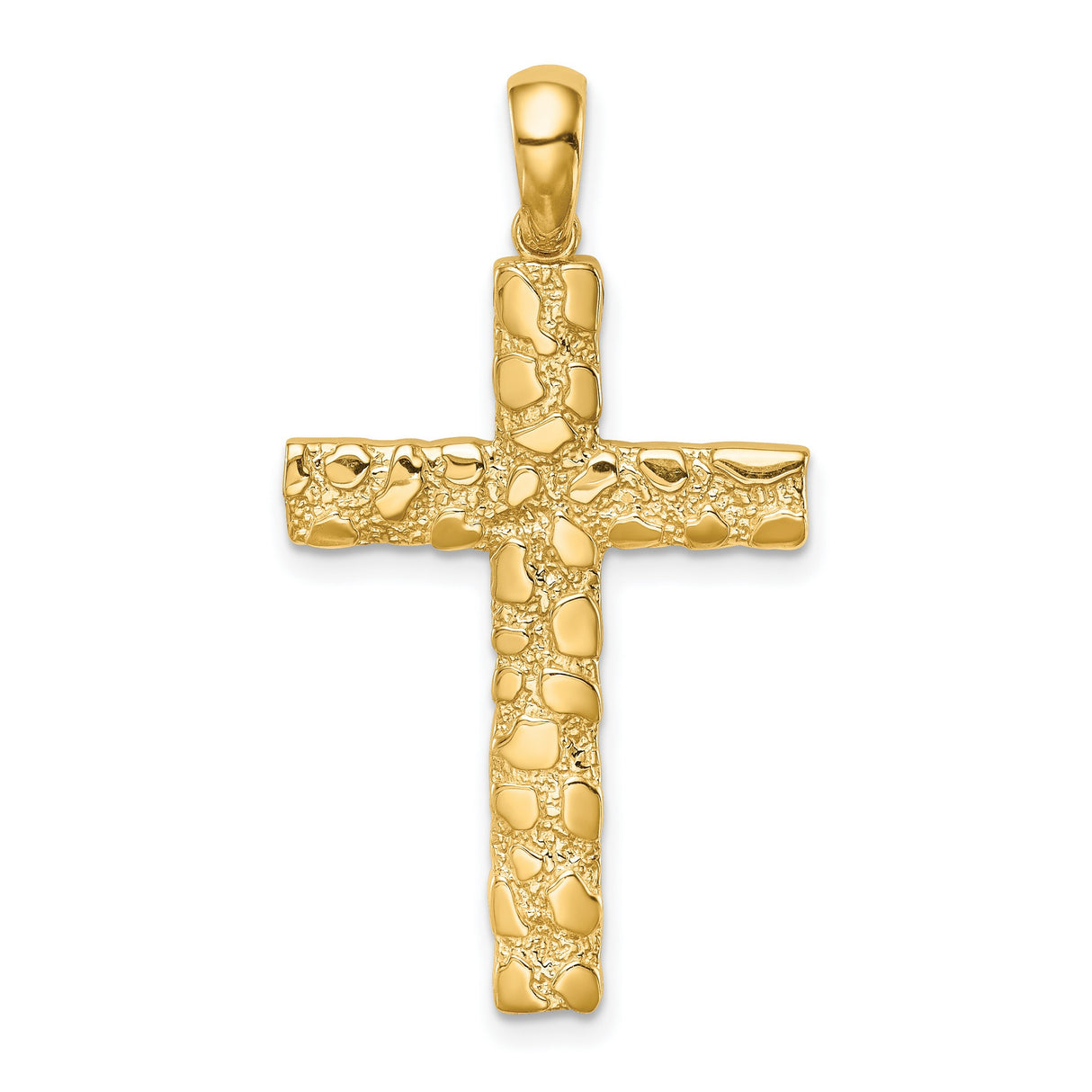 10k Yellow Gold Cross Pendant with Nugget Texture and Polished Bail