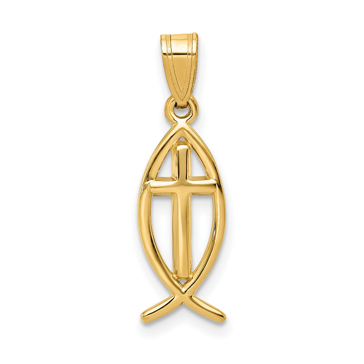 10k Yellow Gold Ichthys Fish Pendant with Cross Symbol, Christian Religious Charm