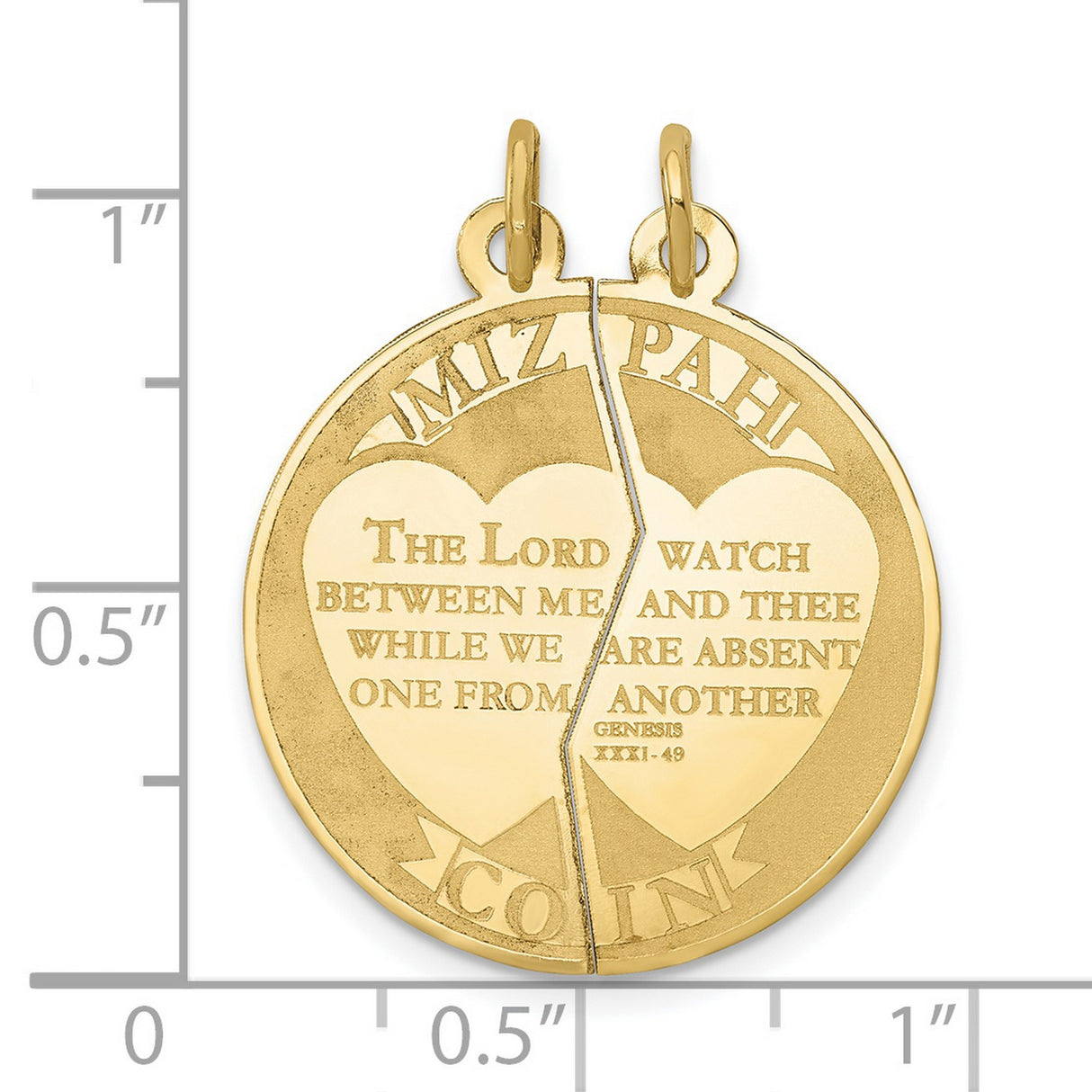 10k Yellow Gold Mizpah Coin Pendant with Split Heart and Genesis 31:49 Scripture