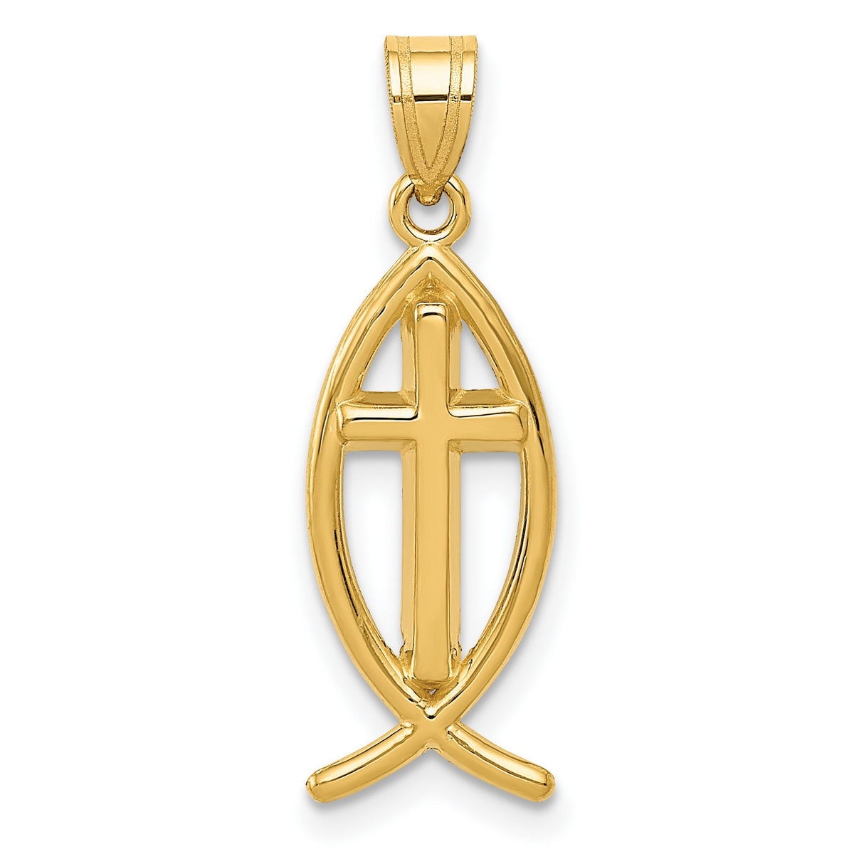 10k Yellow Gold Ichthys Fish Pendant with Cross Symbol, Christian Religious Charm