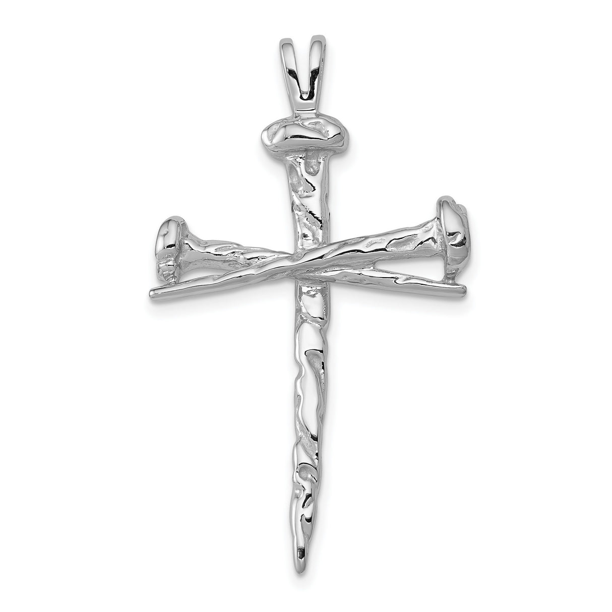 10k White Gold Nail Cross Pendant with Hammered Texture and Polished Finish for Men and Women