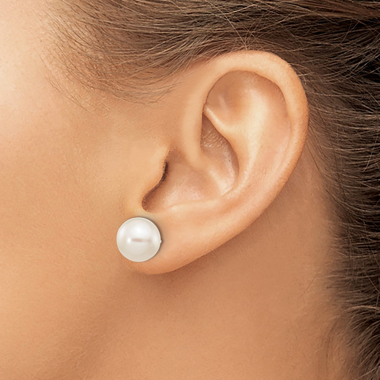10k White Gold Pearl Stud Earrings, Classic Round Cultured White Pearls for Women
