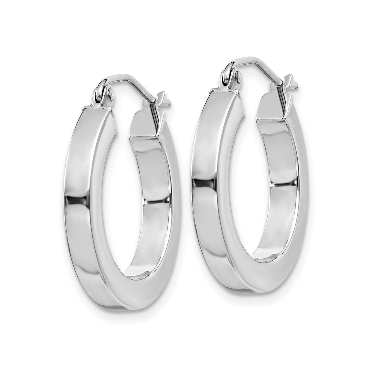 10k White Gold Hoop Earrings, Polished Classic Round Hoops with Hinged Snap Closure