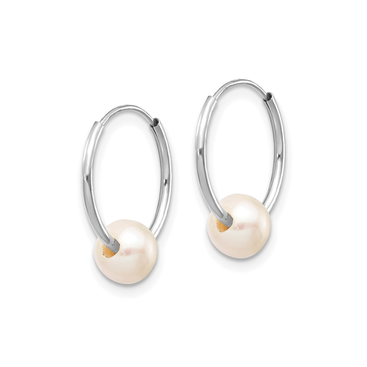 10k White Gold Hoop Earrings with Round White Freshwater Cultured Pearls, Minimalist Design