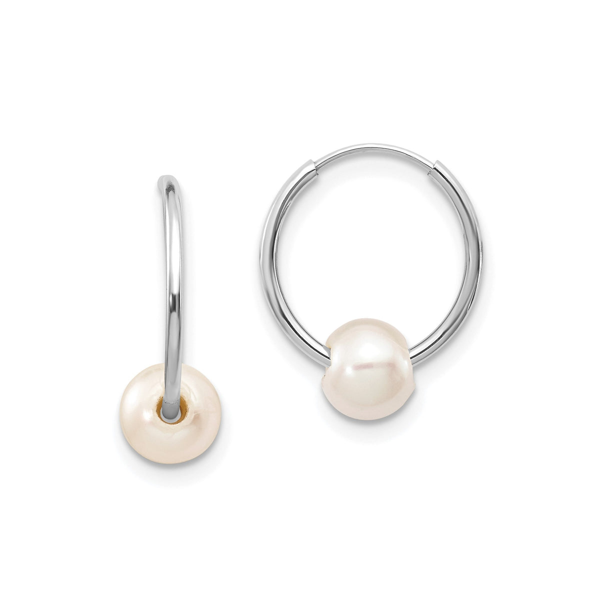 10k White Gold Hoop Earrings with Round White Freshwater Cultured Pearls, Minimalist Design