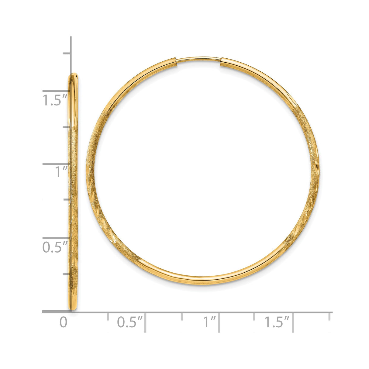 10k Yellow Gold Hoop Earrings, Diamond Cut Textured Polished Round Endless Style for Women